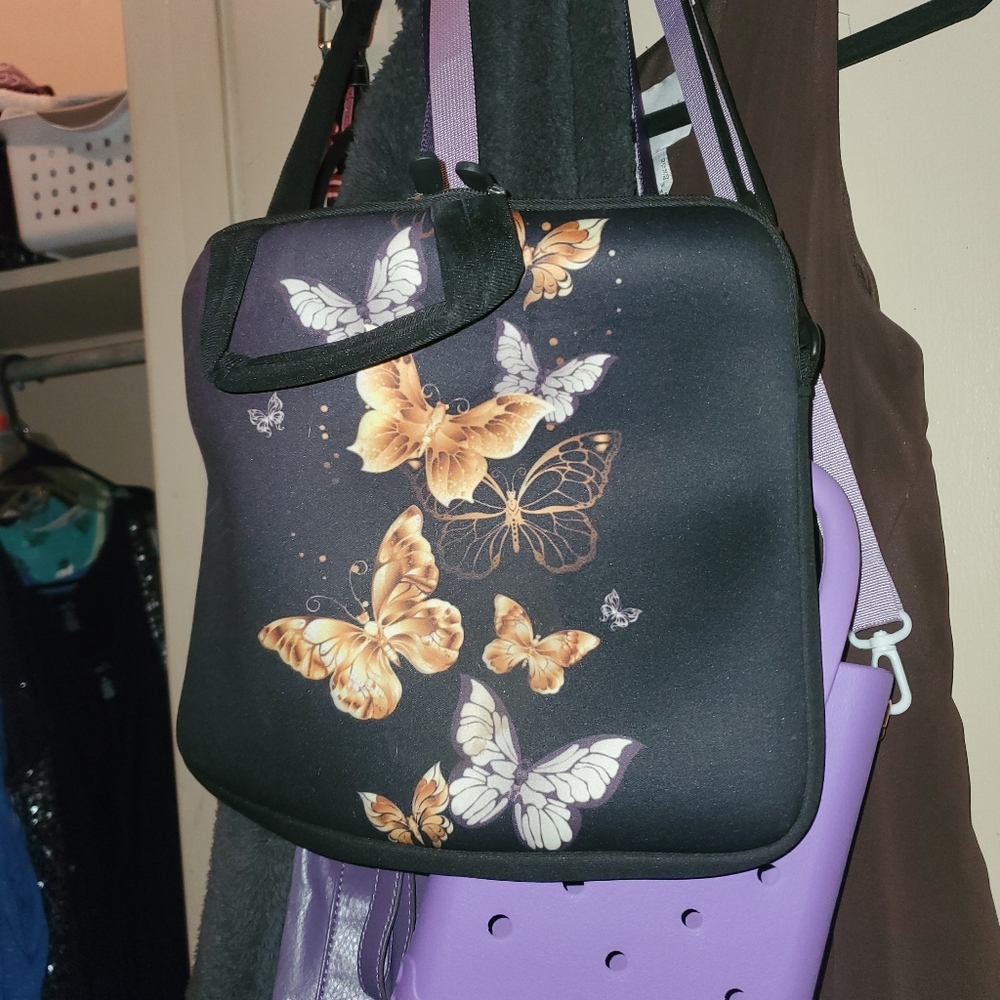 Butterfly Print Black and Gold Women's Small Computer Or Tablet Bag.